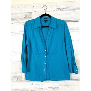 Talbots Womens 12 Blue Pure Irish Linen 3/4 Sleeve A Line Button Up Blouse Shirt